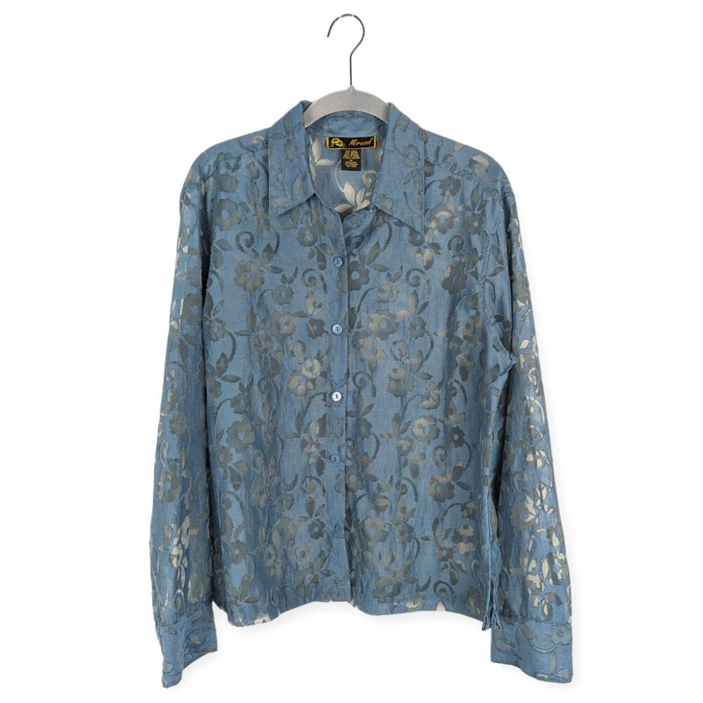 Vintage Mirasol Teal Sheer Floral Cut Out Linen Blend Button Down Blouse Medium - Picture 1 of 7